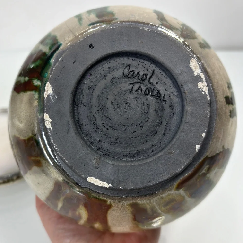 Art Studio Handmade Artist Signed Green Iridescent Glaze Pottery Lidded Urn Jar